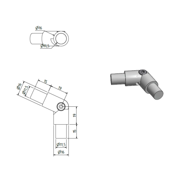 SECO Anthracite, Coude articulé de tube Ø16 mm