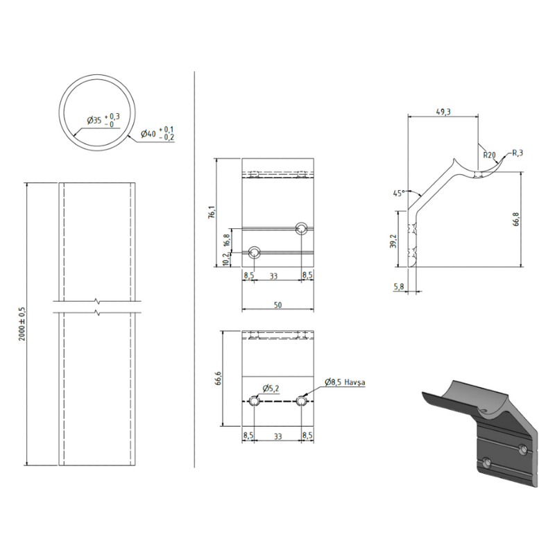 SECO Gris Inox, KIT rampe d'escalier (supports muraux inclus)