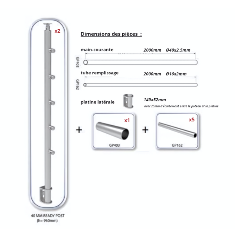 SECO Gris Inox, KIT garde-corps Alu à 5 tubes fixation latérale