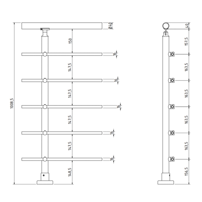 SECO Gris Inox, KIT garde-corps Alu à 5 tubes fixation à plat