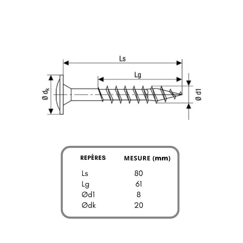 Vis à bois acier inoxydable A2, Ø8 x 80 mm